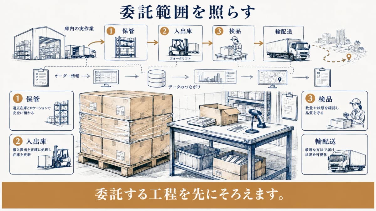 保管・入出庫・検品・輸配送に委託範囲を分けて示す図解