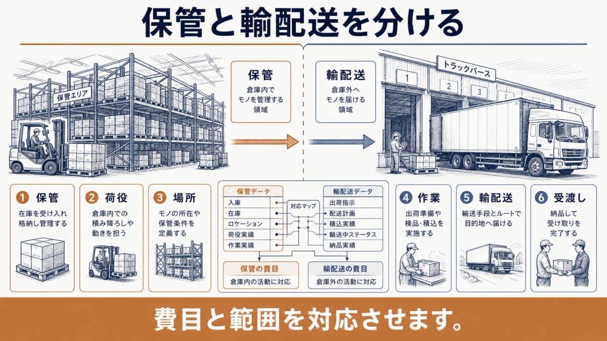 保管と輸配送の範囲を分け、費目と対応させる図解