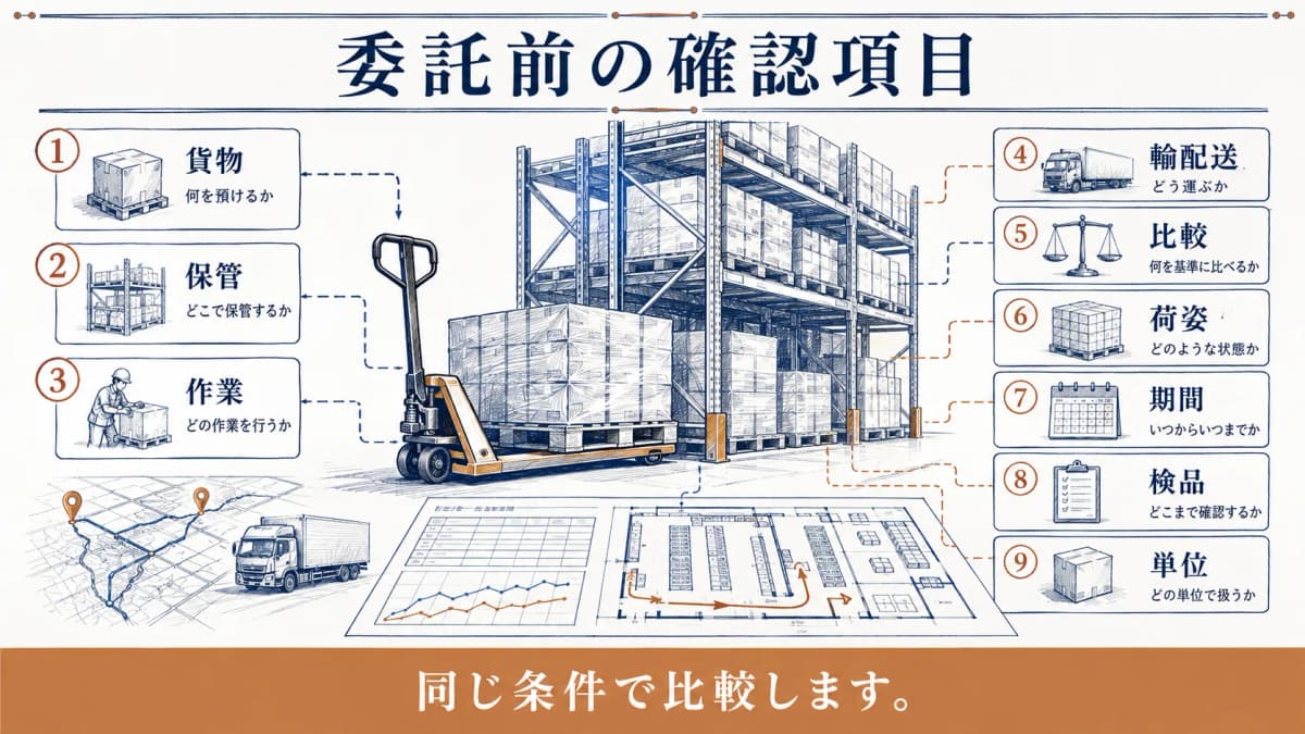 委託前に確認する貨物・保管・作業・輸配送など9項目を並べた図解