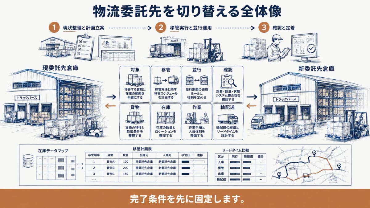 物流委託先の切替全体像を示す倉庫とパレットと矢印
