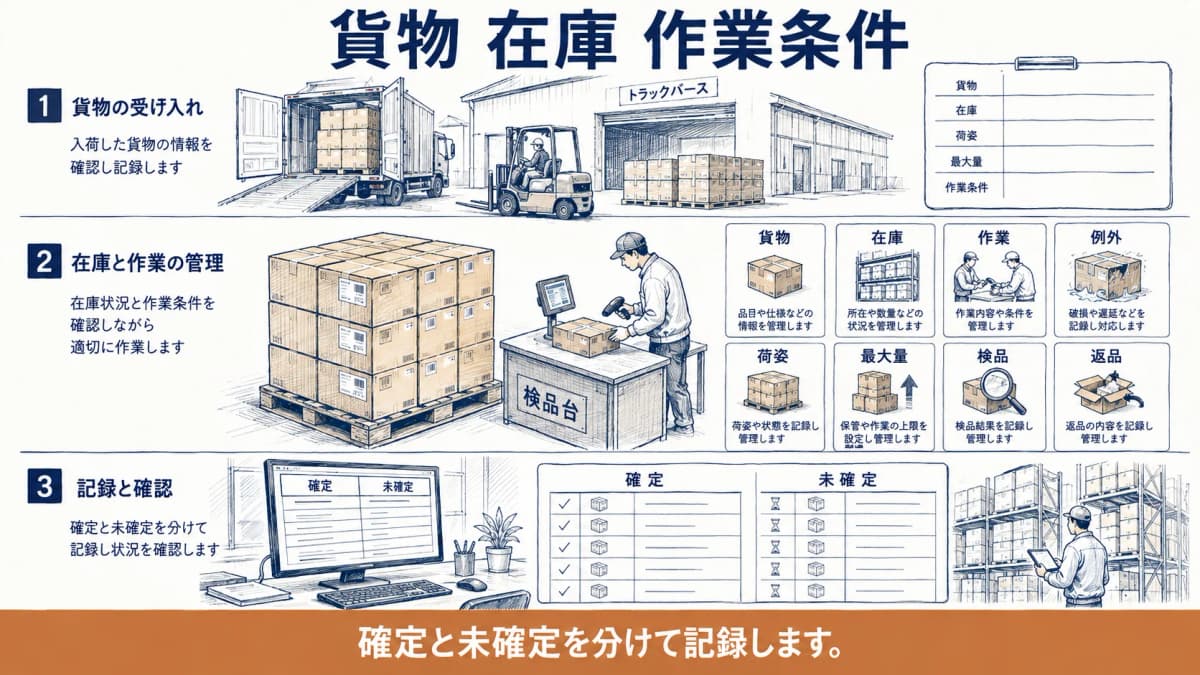 貨物と在庫と作業条件を整理する段ボールとパレットとチェック表