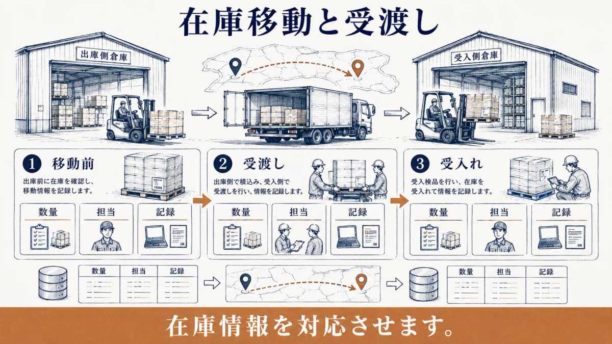 在庫移動と並行稼働を示す二つの倉庫とフォークリフト