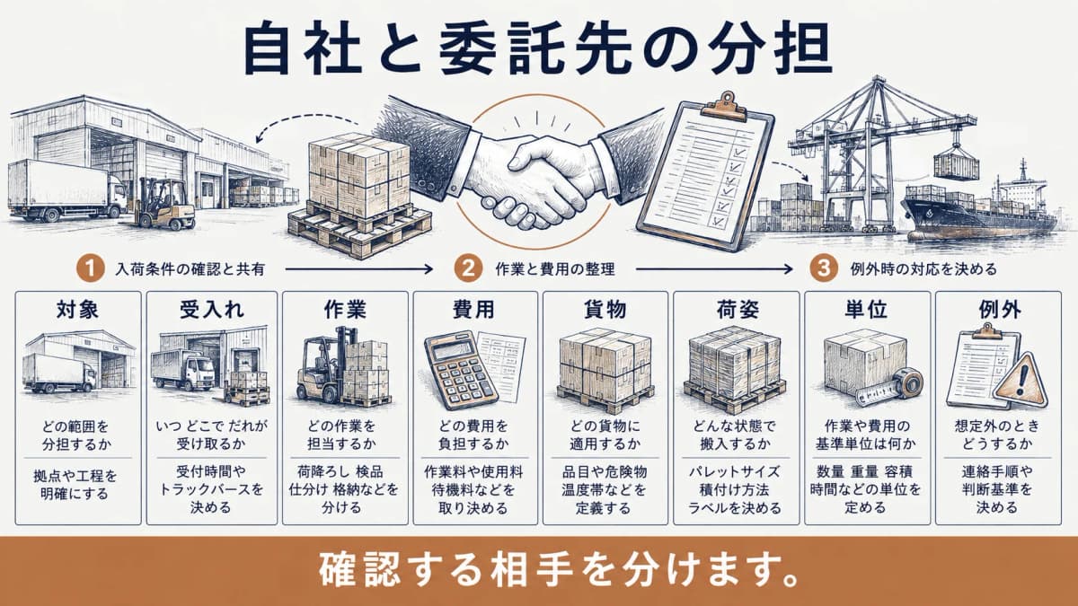 自社と委託先の分担を示す握手とパレットと確認表