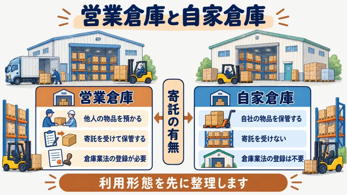 営業倉庫と自家倉庫を寄託の有無と倉庫業法の登録で分ける比較図