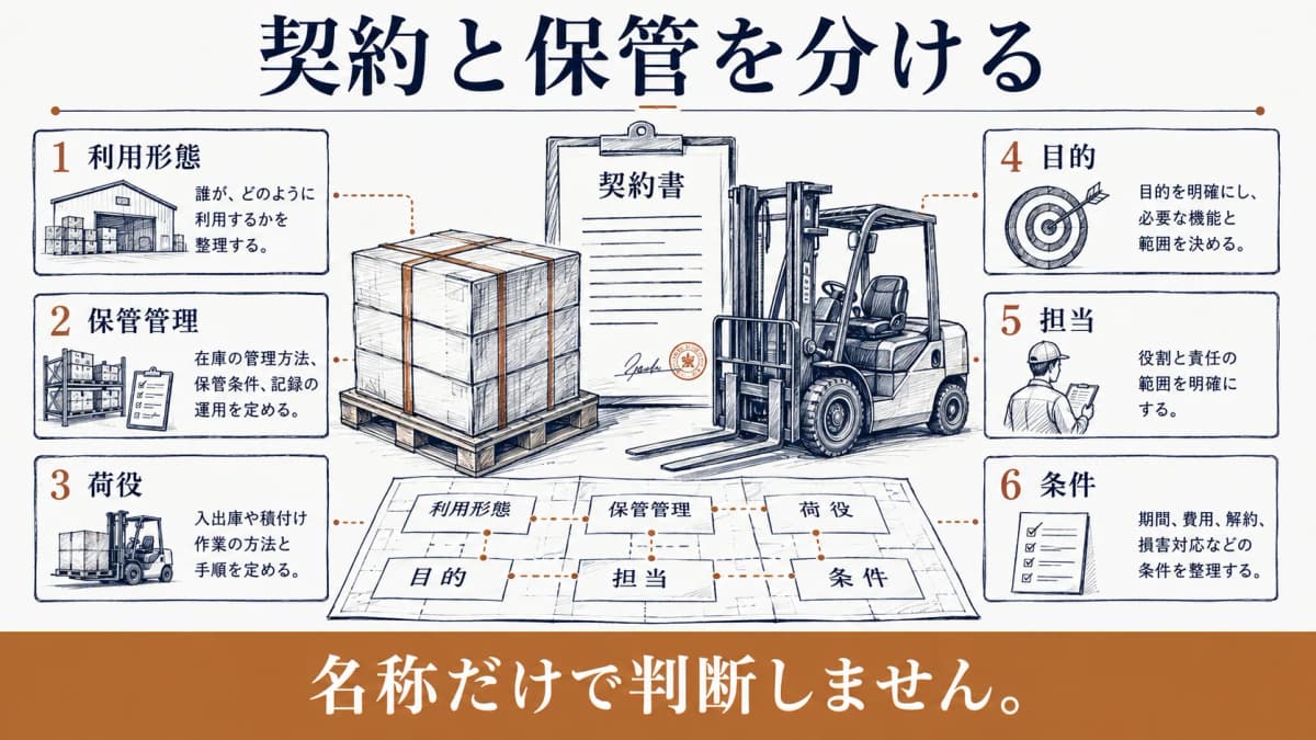 契約の利用形態と保管管理・荷役・目的・担当・条件を分けて確認する図解