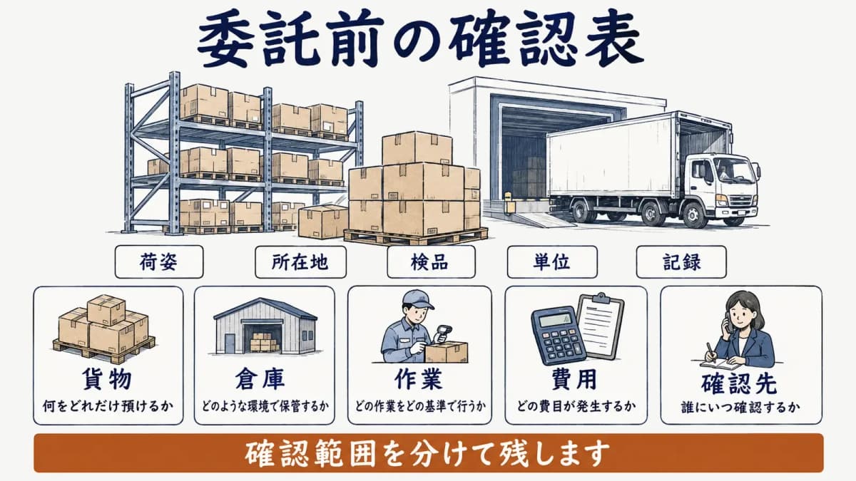 委託前に確認する貨物・倉庫・作業・費用・確認先など10項目の一覧図