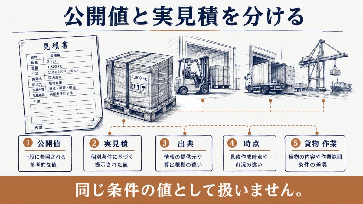 公開値と実見積の条件を分ける見積書とパレット