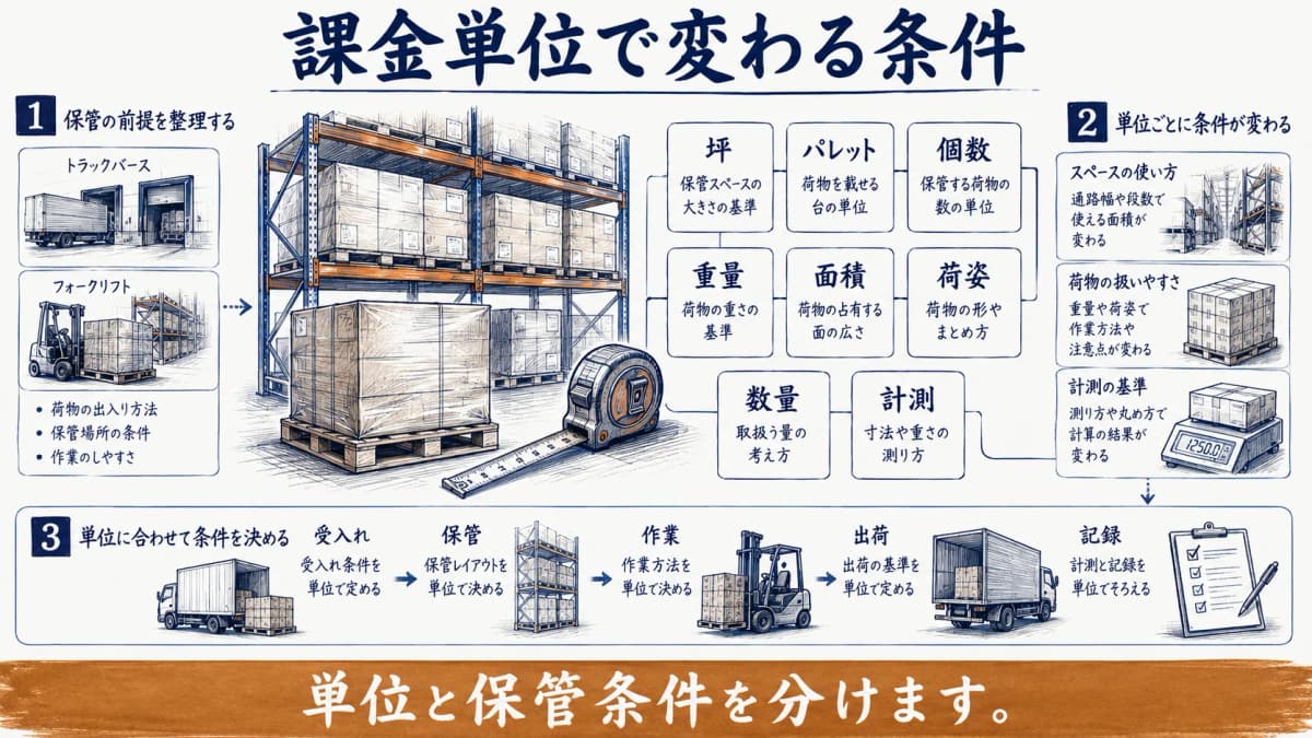 坪建てとパレットと従量の単位を示すラックと計測器