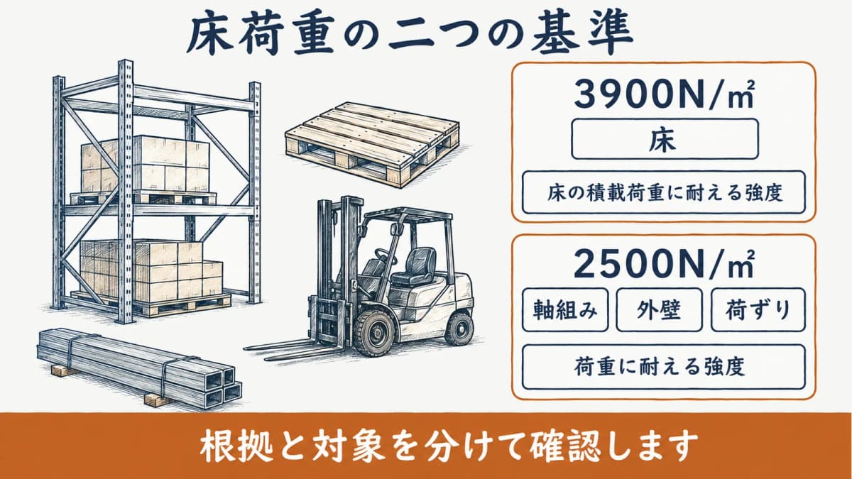 二つの床荷重基準を分けて示す倉庫床と重量物パレット