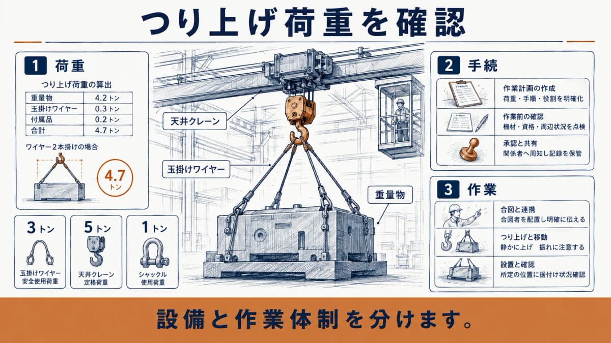 つり上げ荷重と玉掛けを確認するクレーンと重量物