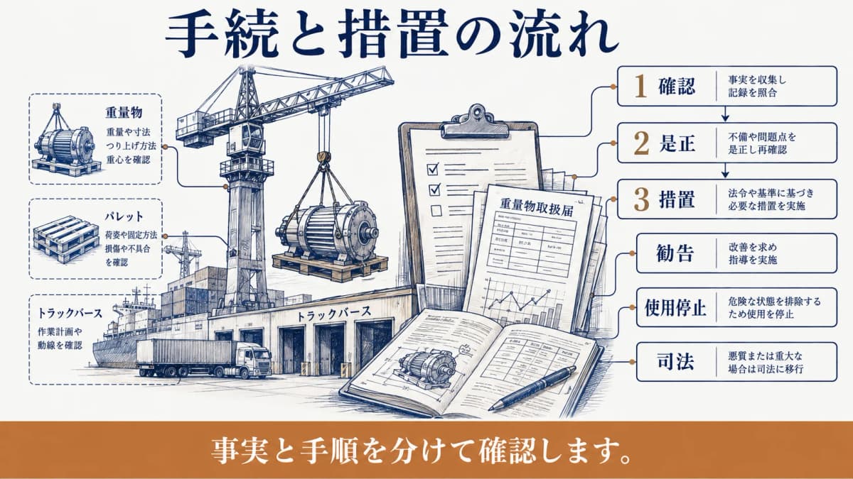 是正勧告から使用停止までの順序を示すクレーンと書類