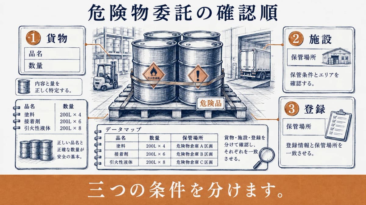 貨物・施設・登録の順に危険物の保管委託を確認する要件表の図解