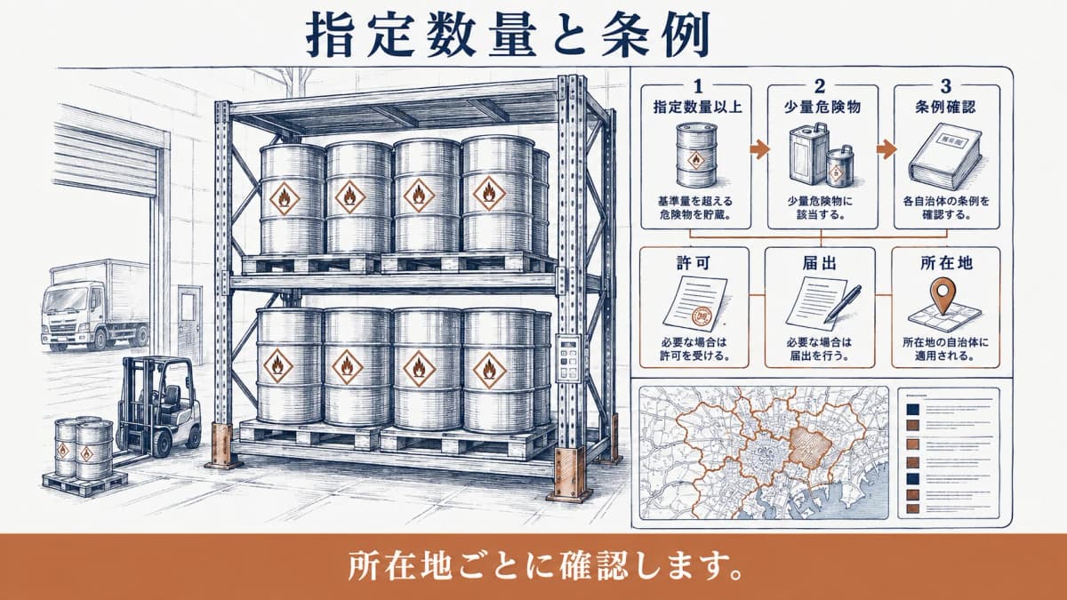 指定数量以上・少量危険物・所在地の条例を分けて確認する図解