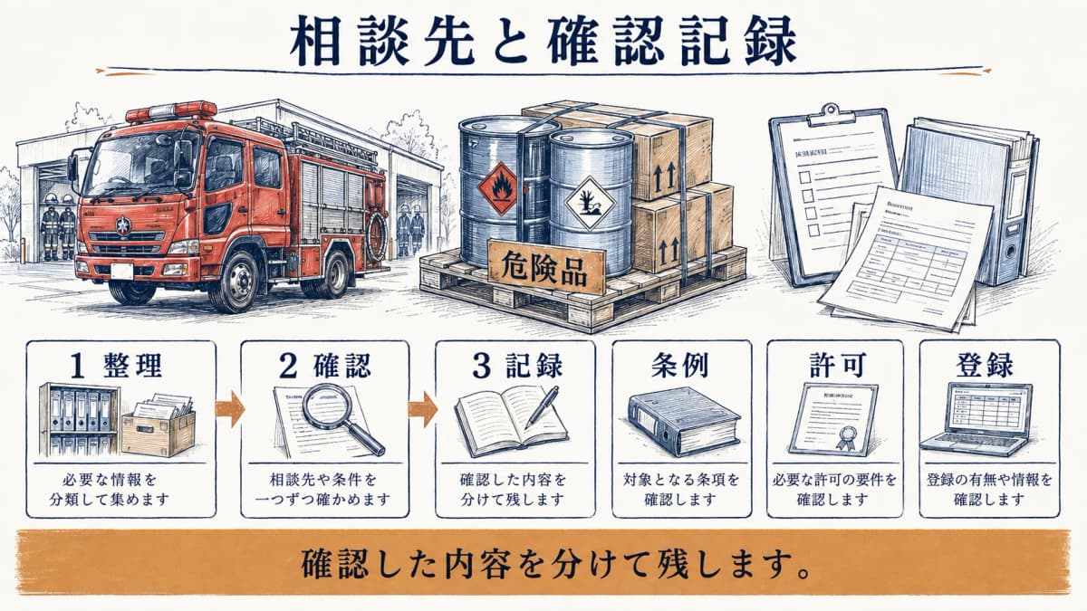 整理・相談・記録の流れと条例・許可・完成検査の確認先を示す図解