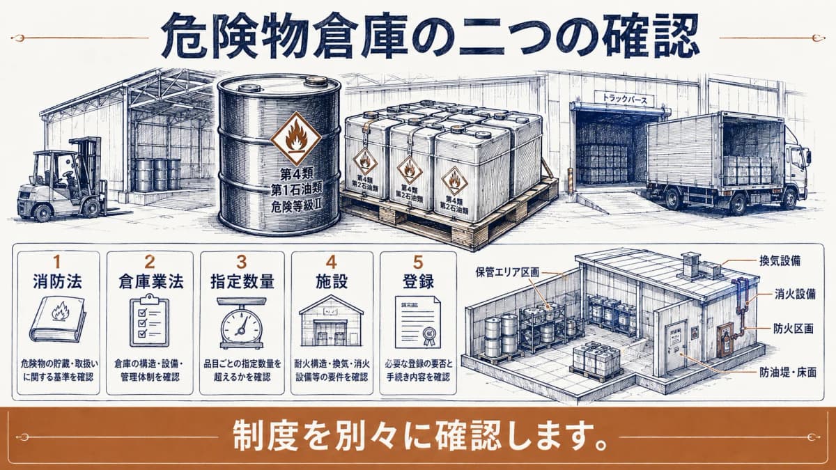 消防法上の危険物施設と危険品倉庫を分けて確認する図
