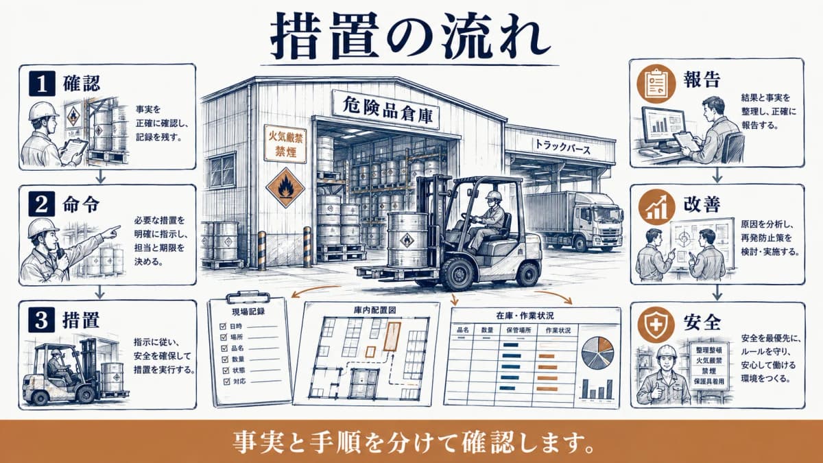 確認・命令・措置の順序と報告・改善・安全の関係を示す図解