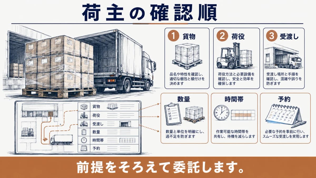 荷主が貨物・荷役・受渡しの順に条件を確認する図解