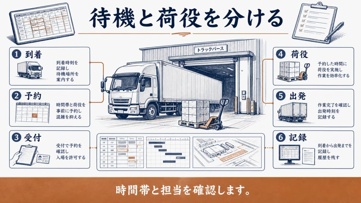 到着から出発までの待機と荷役を分けて確認する図解