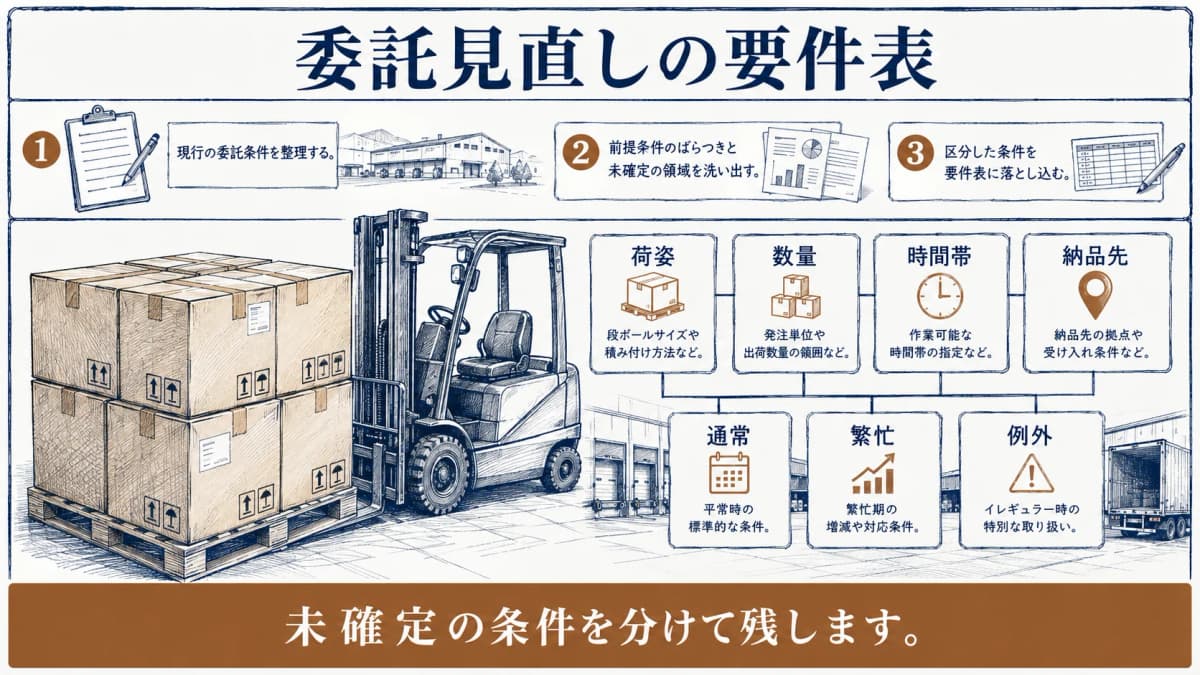 委託見直しの要件表に荷姿・数量・時間帯・納品先と通常時や繁忙期を整理する図解