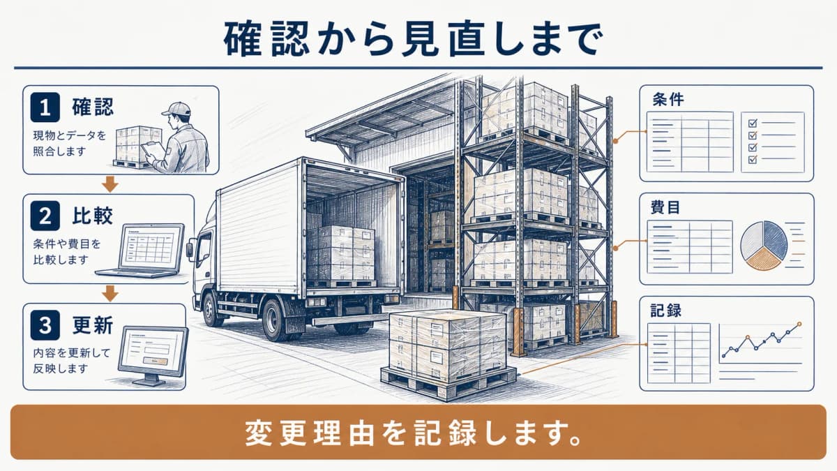 確認・比較・更新の順に委託条件を見直す流れの図解