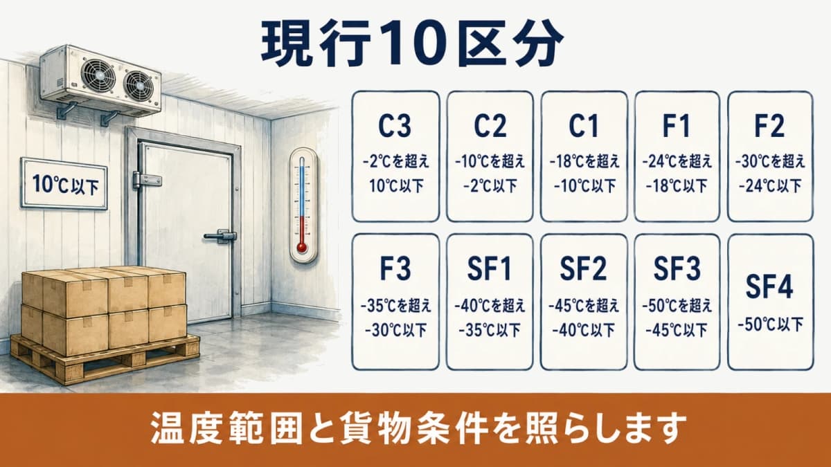 C3級からSF4級までの10区分の温度範囲と常時10℃以下の掲示を示す冷蔵室と温度計