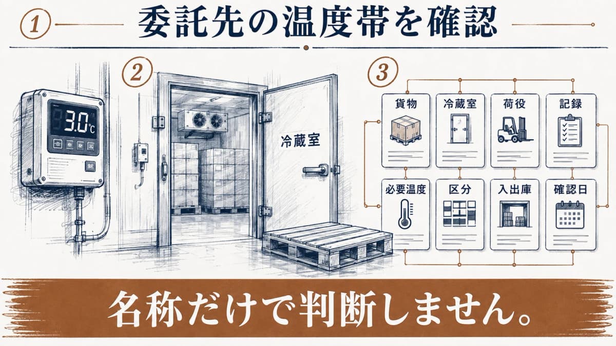 温度設備の確認から改善までを示す冷蔵倉庫と書類
