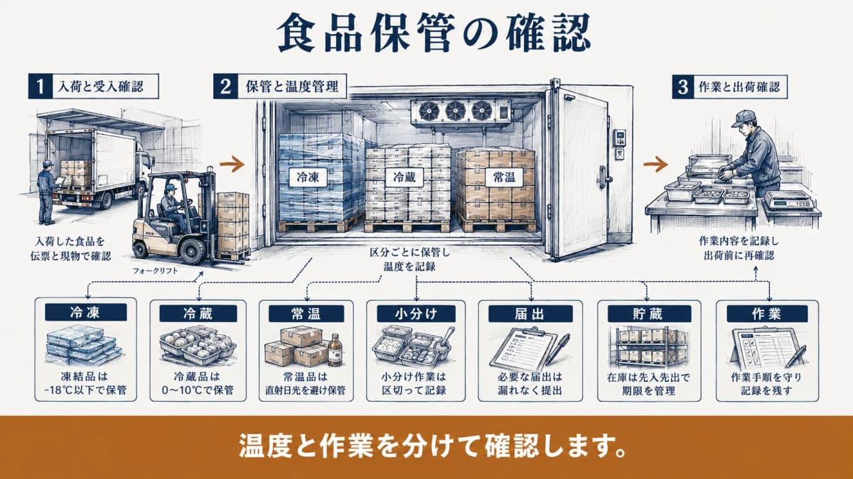 冷凍と冷蔵と常温の保管条件を分ける食品箱と温度計