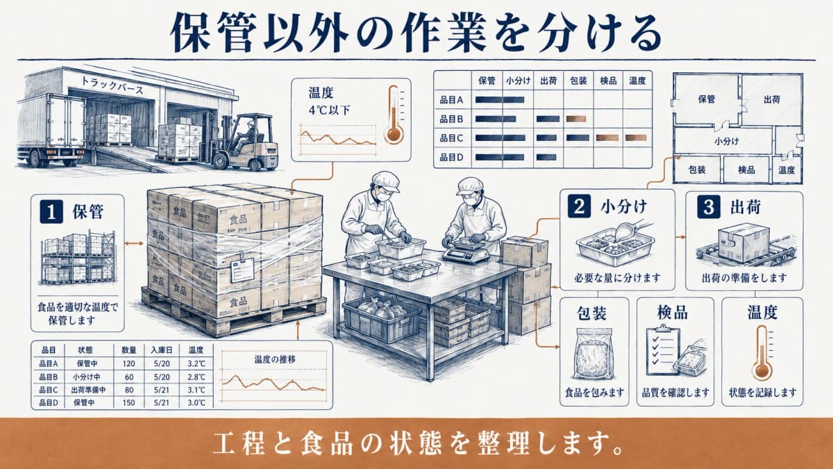 保管条件と小分け作業を分ける作業台と食品パレット