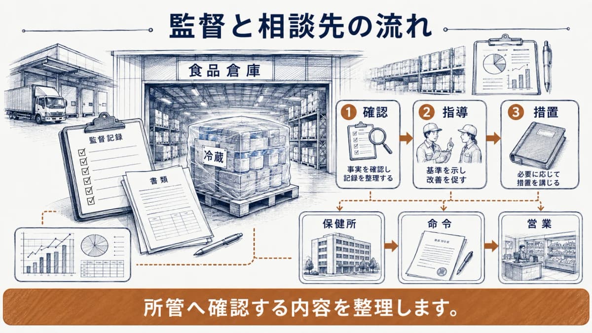 保健所への確認から指導までを示す食品倉庫と書類