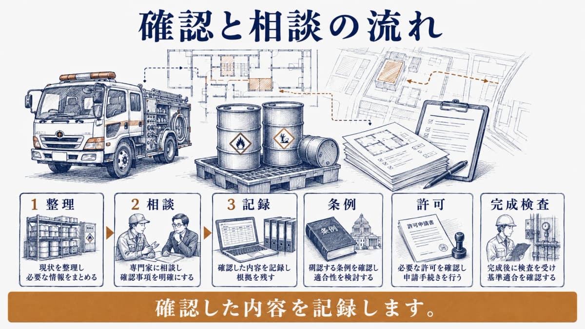 所轄消防本部へ伝える項目を整理する消防車と書類