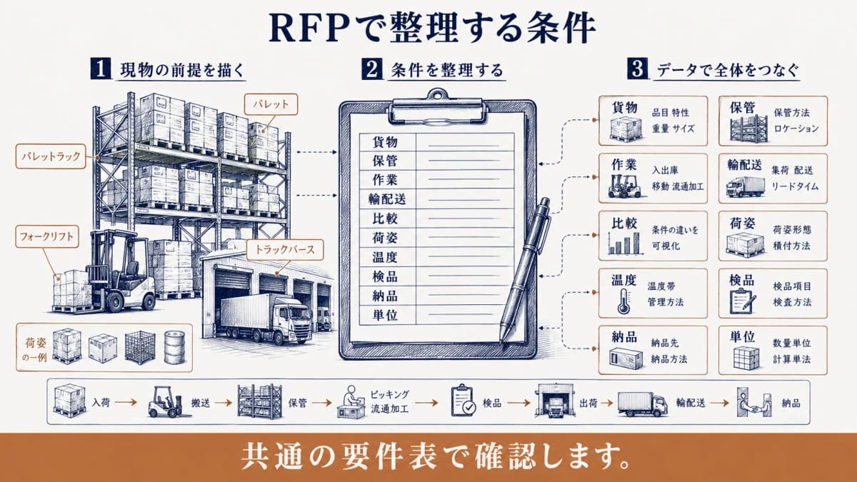 RFPで整理する貨物・保管・作業・輸配送・比較などの条件を並べた図解