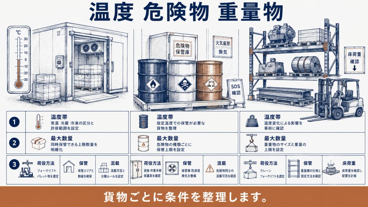 温度帯と危険物と重量物の条件を分けるドラム缶と温度計