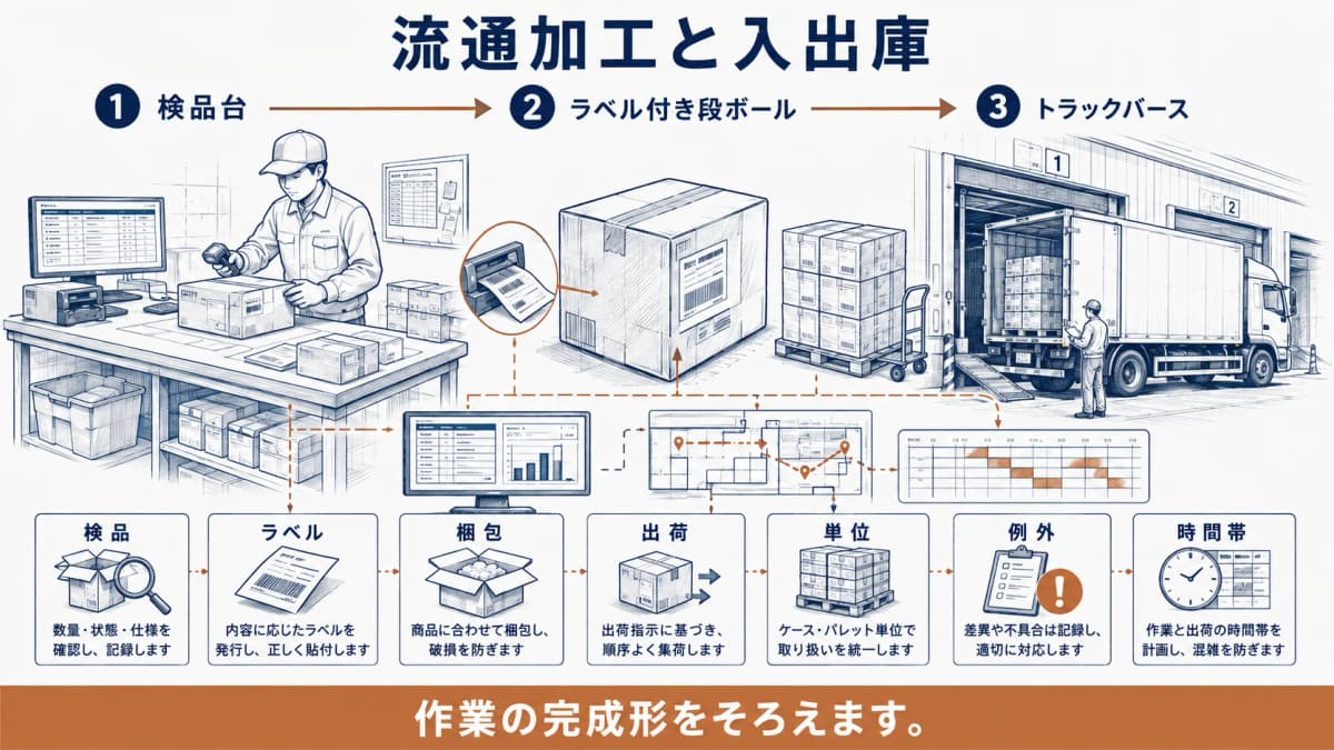 検品台とトラックバースで流通加工と入出庫を整理する図