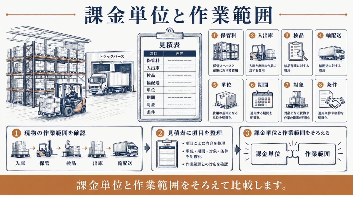 課金単位と作業範囲を照らすパレットラックの比較表