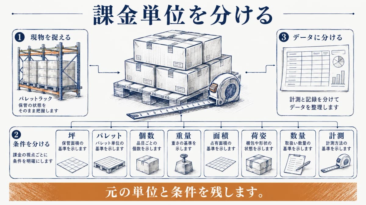 坪とパレットと個数の単位を分けるラックと計測器