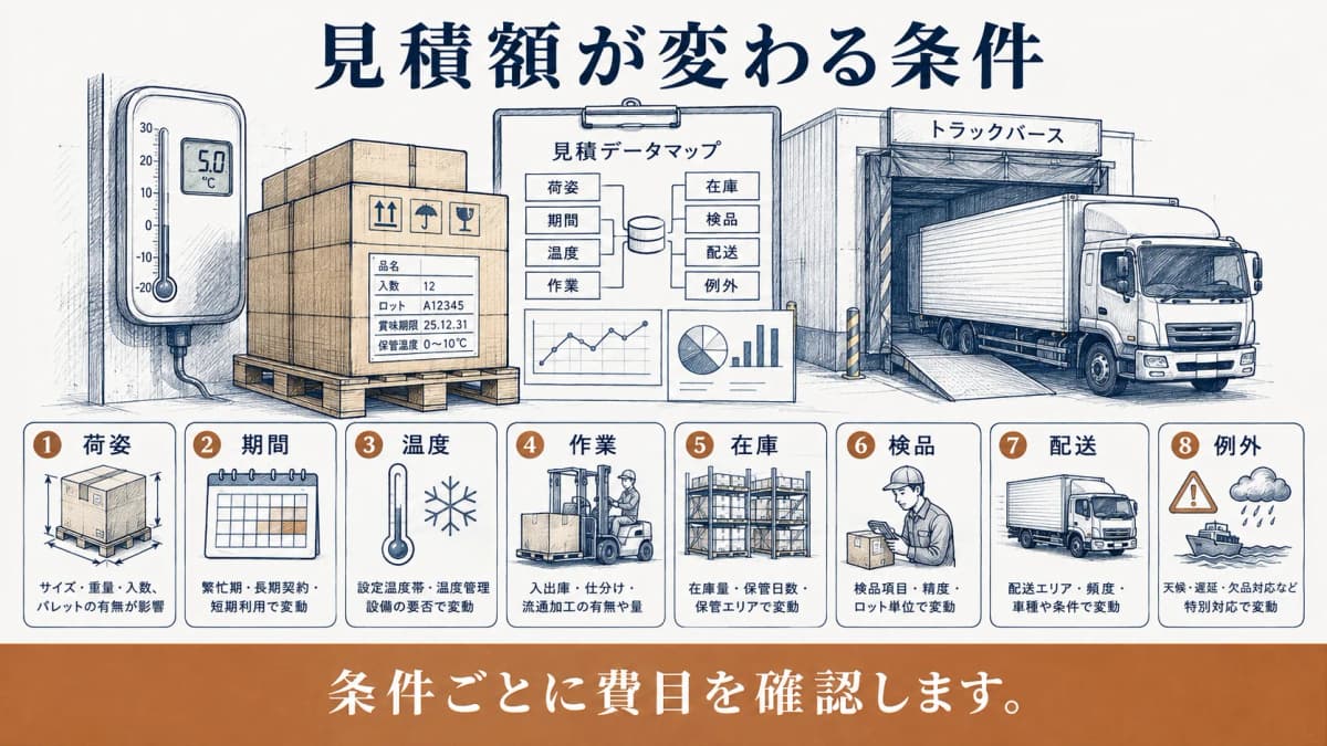 比較表へ費目と条件を転記するクリップボードとフォークリフト