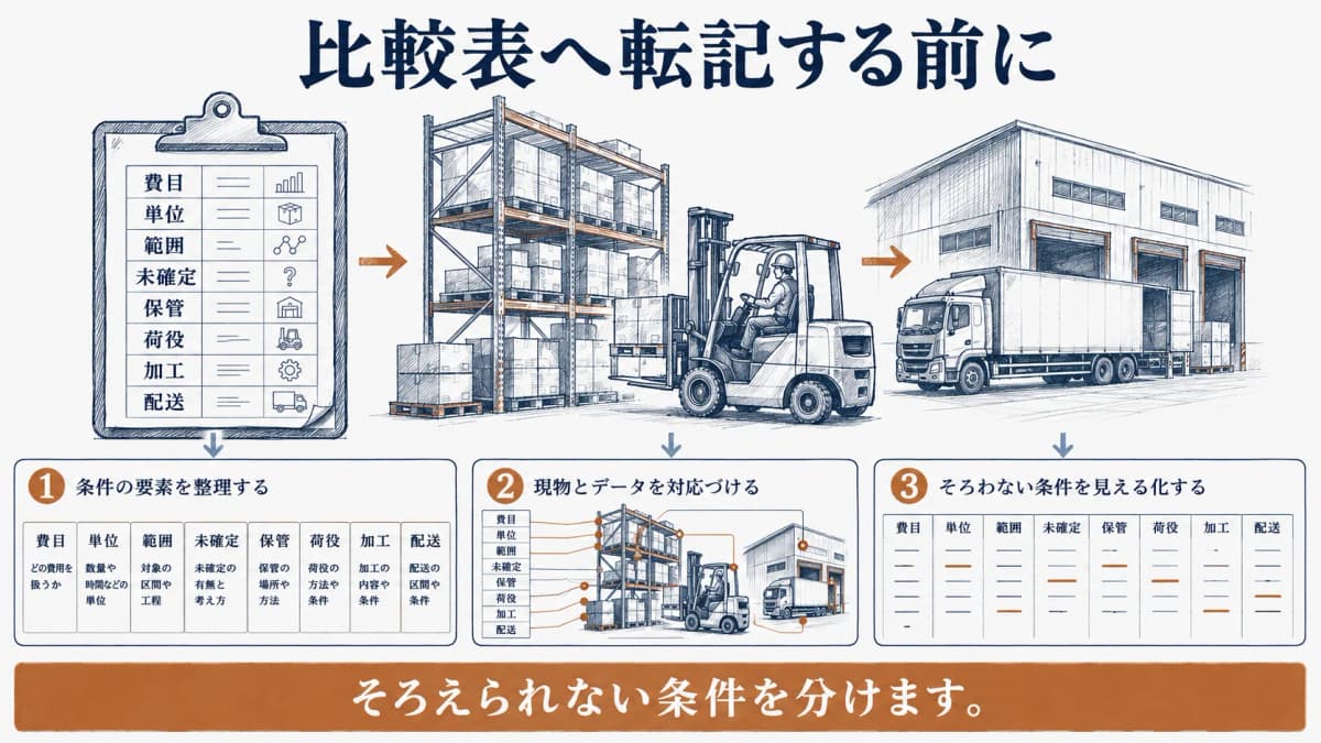 費目ごとの前提を残す比較表とパレットラック