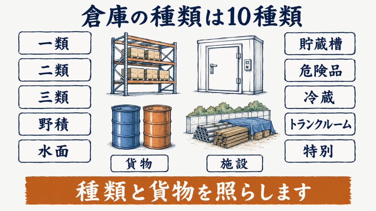10種類の倉庫と貨物を並べたパレットラックと貨物箱