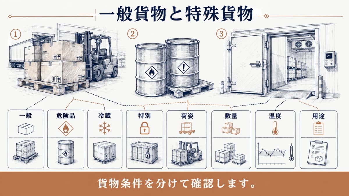 危険品と冷蔵と一般貨物を分けるドラム缶と温度計