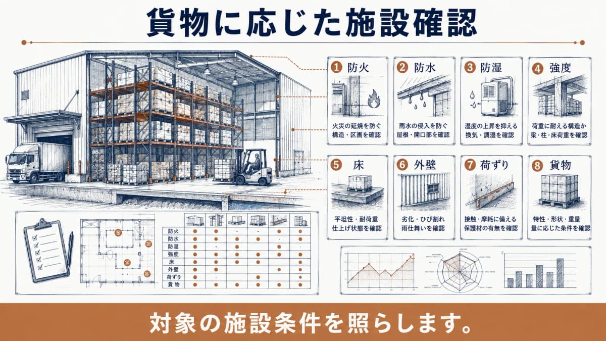 防火と防水と防湿の確認をする倉庫壁とパレット