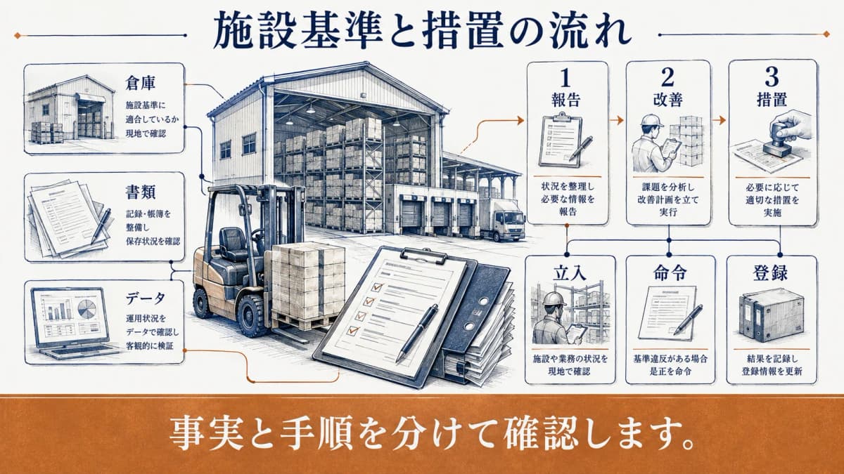 施設基準の確認から改善までを示す倉庫と書類