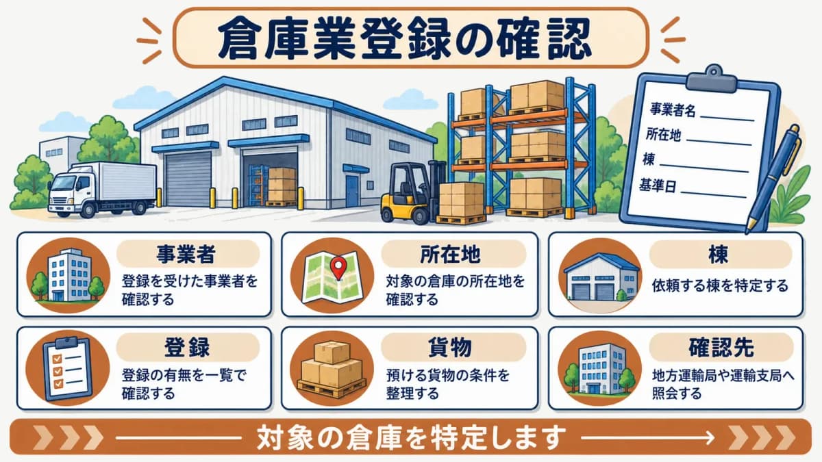 事業者・所在地・棟・登録・貨物・確認先の順に倉庫業登録を確認する図解