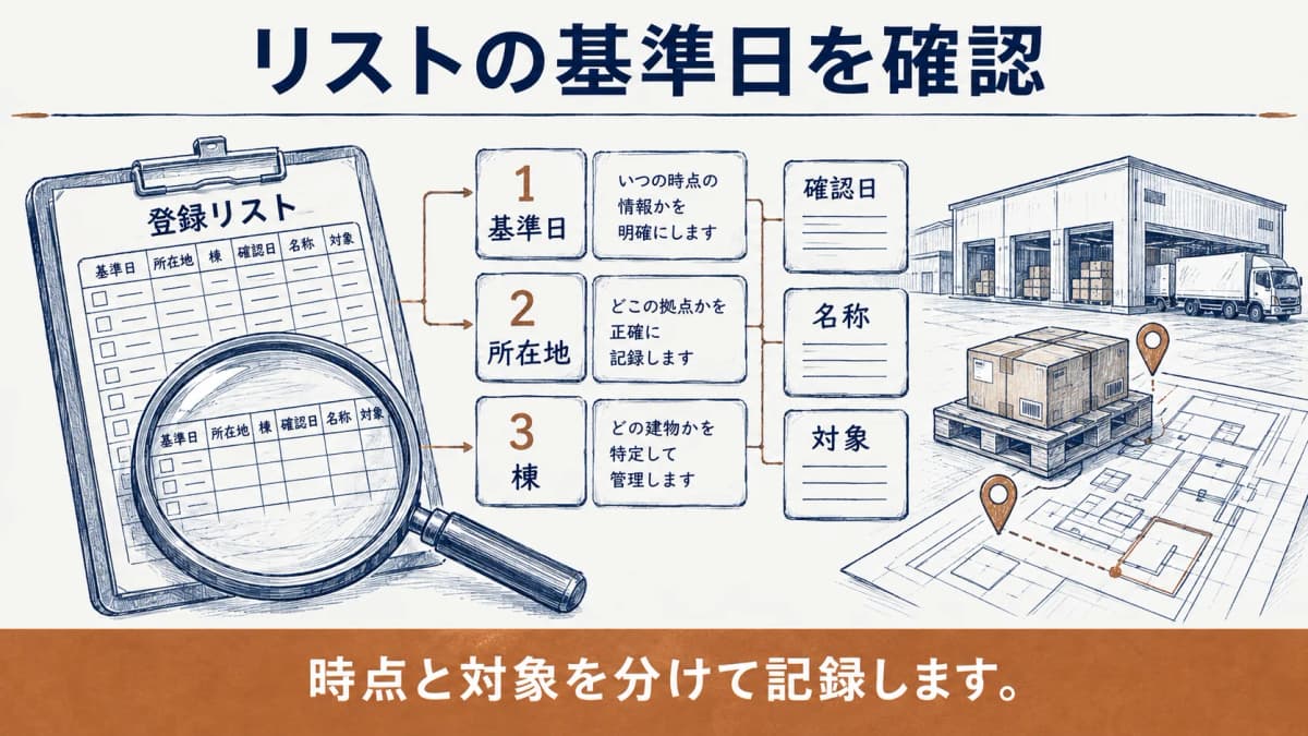 基準日と所在地を確認する登録リストと虫眼鏡