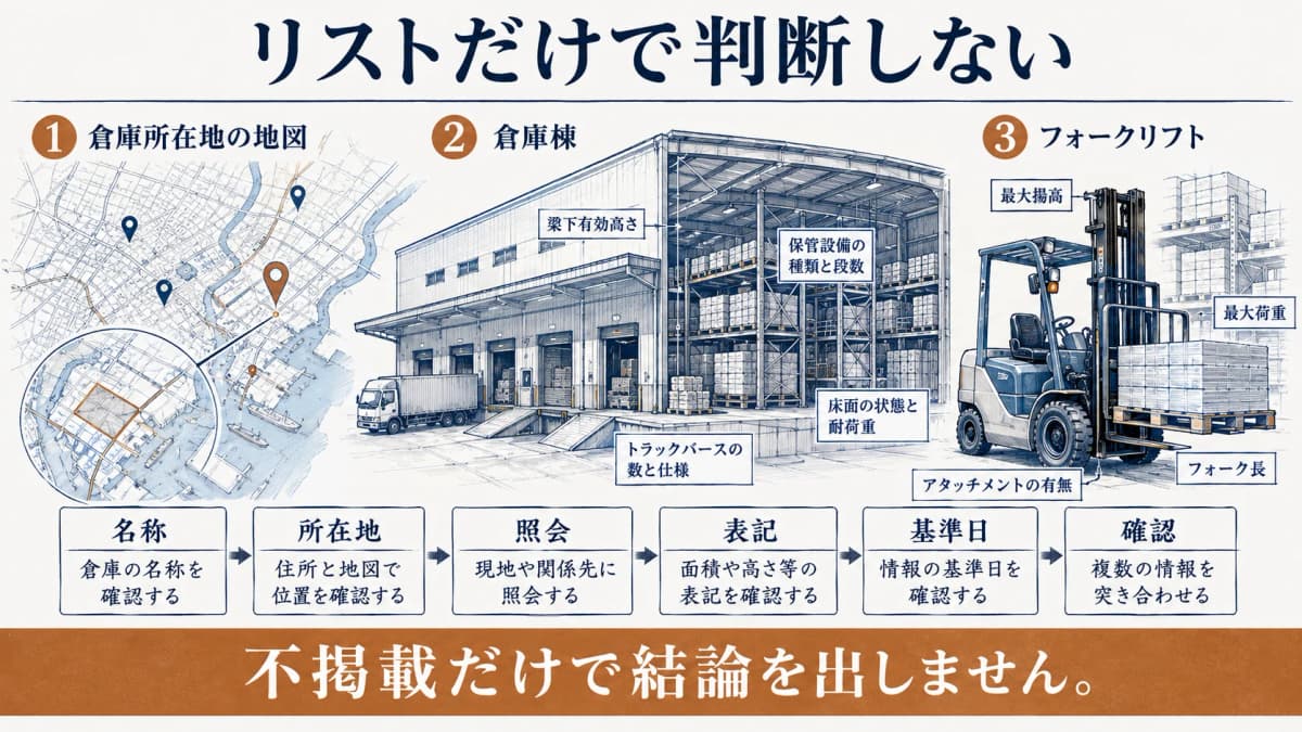 倉庫所在地と確認事項を仕分ける地図とチェックリスト