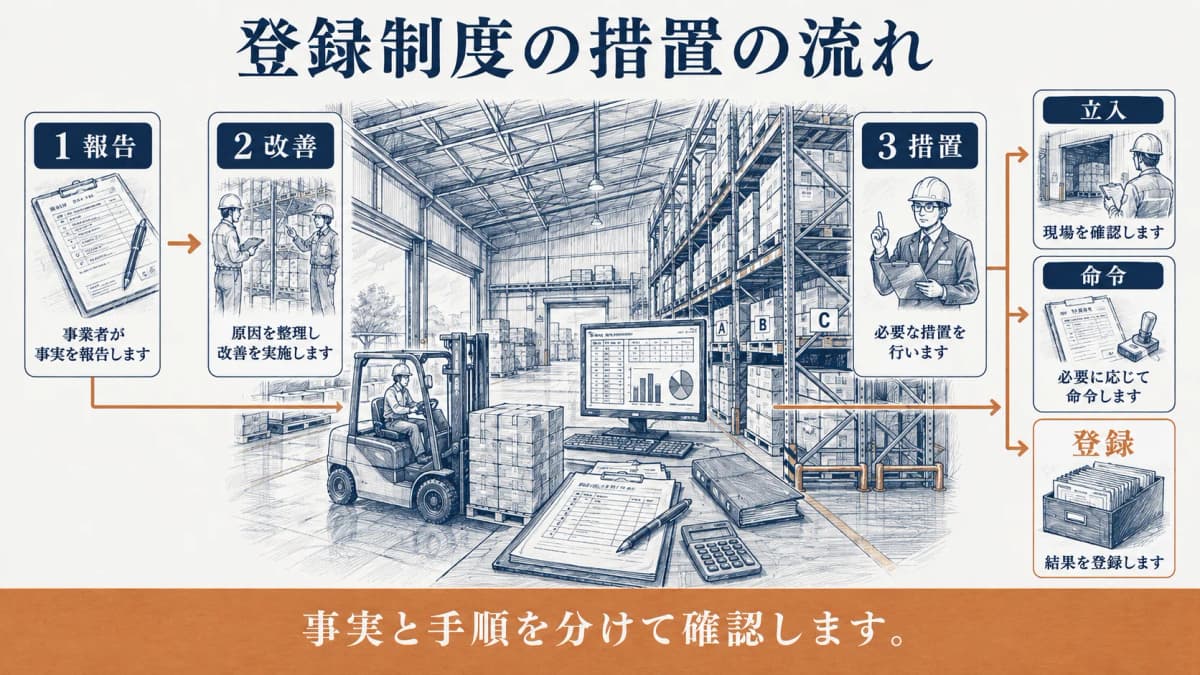 報告から改善命令までの手順を示す倉庫と書類