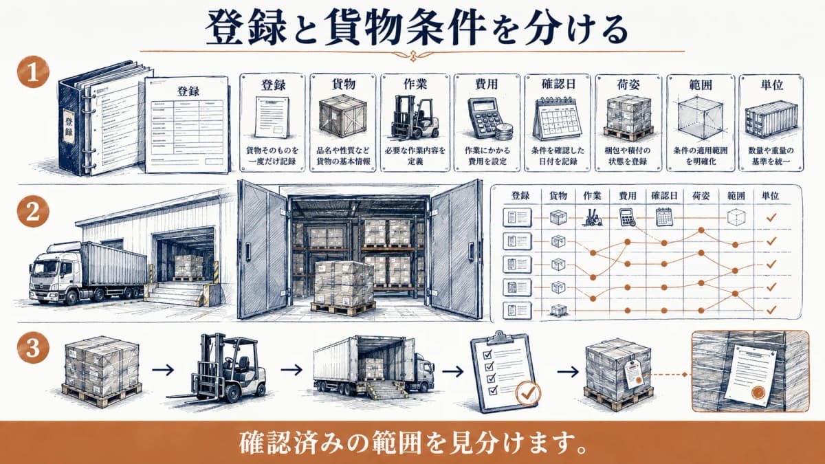 登録情報と貨物条件を分けて記録するファイルとチェック表